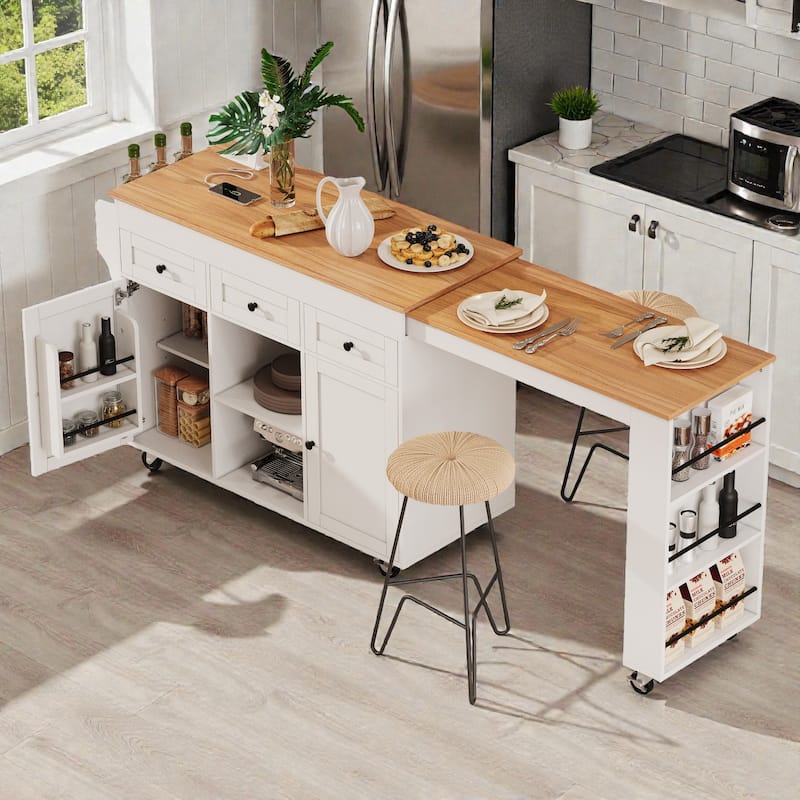 85.5" Extendable Kitchen Island with Dining Table, Rolling Storage Island with Power Outlet, Shelves, Drawers and Cabinets