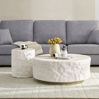 Fiberglass Round Center Table Coffee Table Set, Imitation Stone Sofa Table Accent Table End Table with Waterproof Tabletop