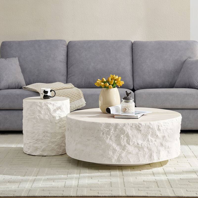 GDF Studio - Aries Modern Fiberglass Round Side Table with Imitation Stone Design