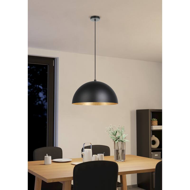 Rafaelino - 1-Light Pendant Structured Black Finish with Black and Gold Leaf Shade - 15.00"L X 15.00"W X 7.50"H
