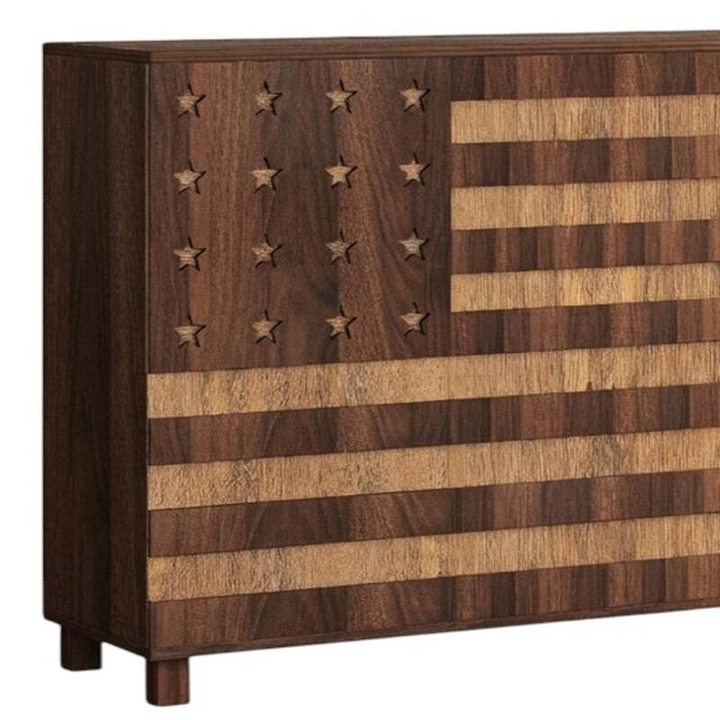 HomeRoots 55" Brown Solid Wood Carved American Flag Accent Cabinet With Three Doors And Two Drawers