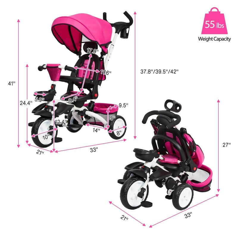 Baby Tricycle, 7 in 1 Folding Toddler Bike w/Removable Adjustable Push Handle