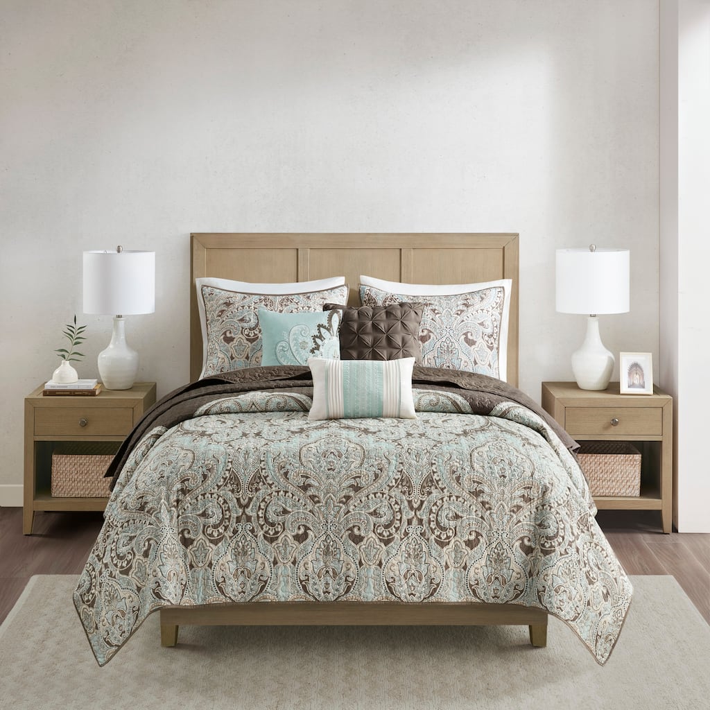 Madison Park Lavinia Brown 6 Piece Printed Quilt Set with Throw Pillows