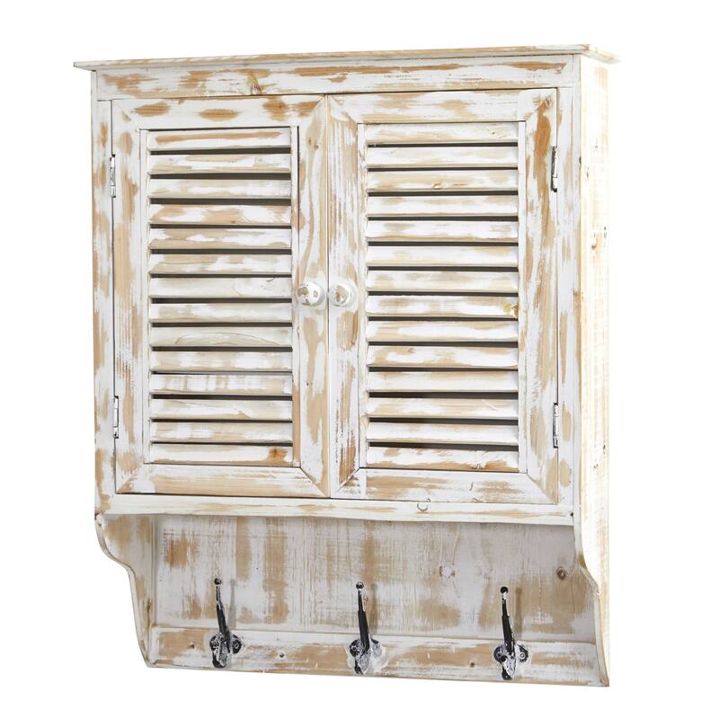 32" White Rectangular Double Door Wall Cabinet with Hooks