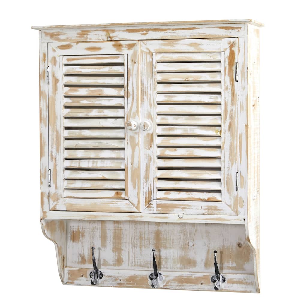 32" White Rectangular Double Door Wall Cabinet with Hooks