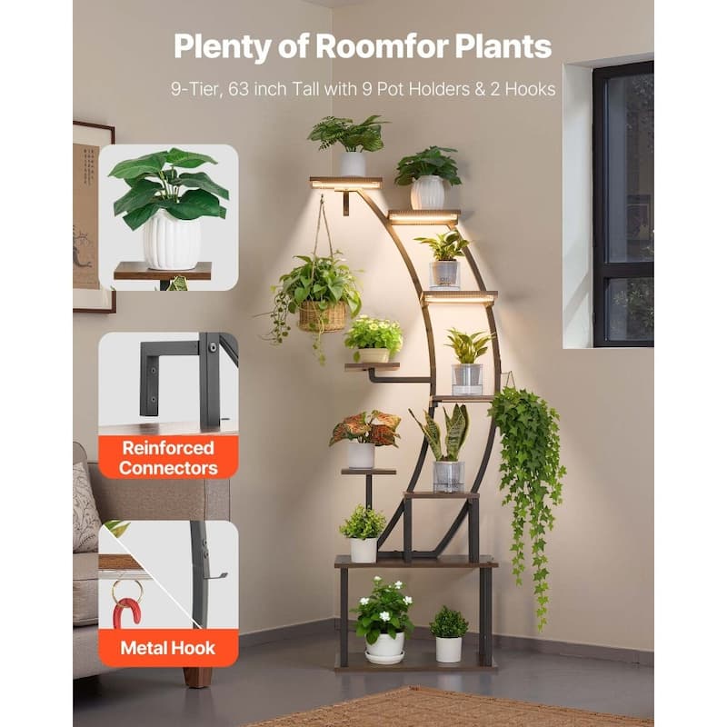 63" Tall 9-Tier Indoor Plant Stand with LED Grow Lights and Adjustable Brightness Timer - 24.41” × 11.02” × 63”