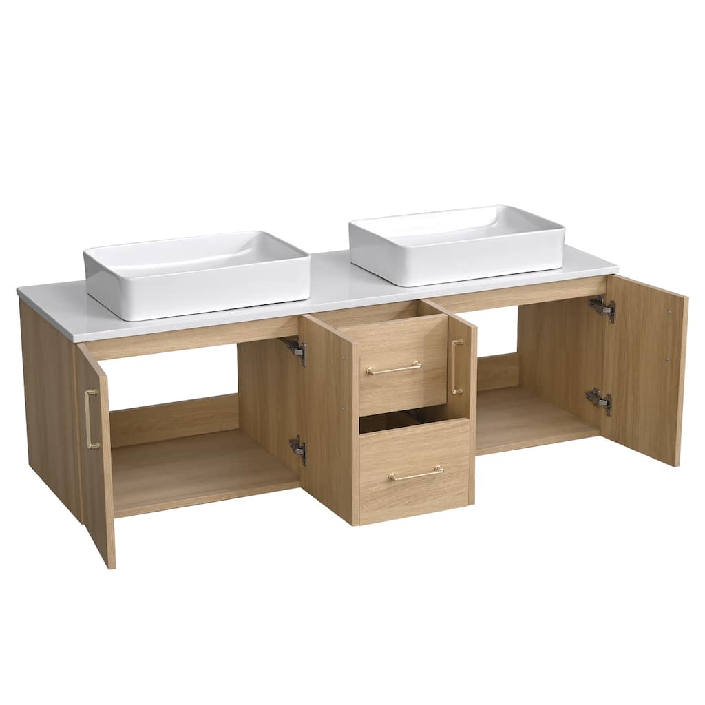 60 in. Floating Bathroom Vanity Quartz White Top Rectangular Vessel Sink