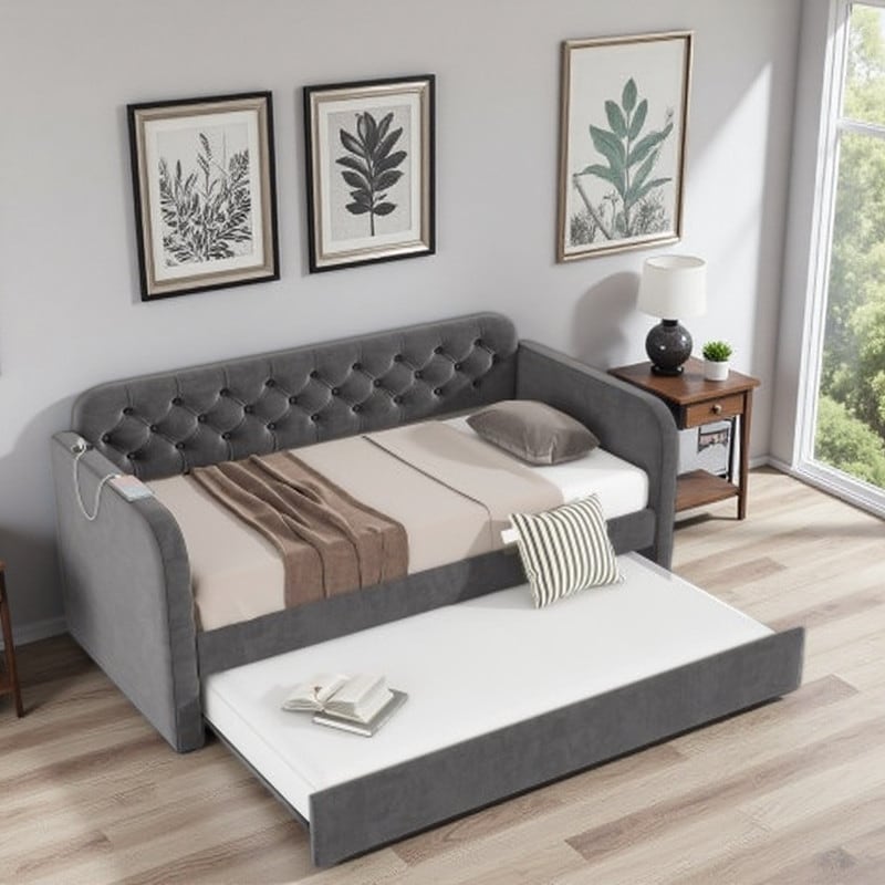 Twin Velvet Upholstered Daybed with Pull-Out Trundle & USB Charging, Mid-Century Modern Sofa Bed, Plush Fabric Backrest