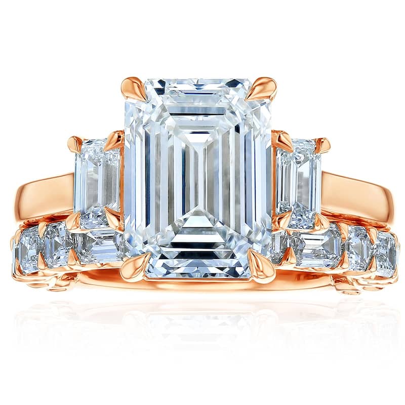 Kobelli 7 Carat Lab Grown Diamond Certified 14k Solid Gold Emerald & Asscher Three Stone Esma 2pc Bridal Set - Rose - 4