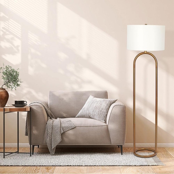 Vivid Brass Ring Base Floor Lamp with Large White Drum Shade Antique Brass White