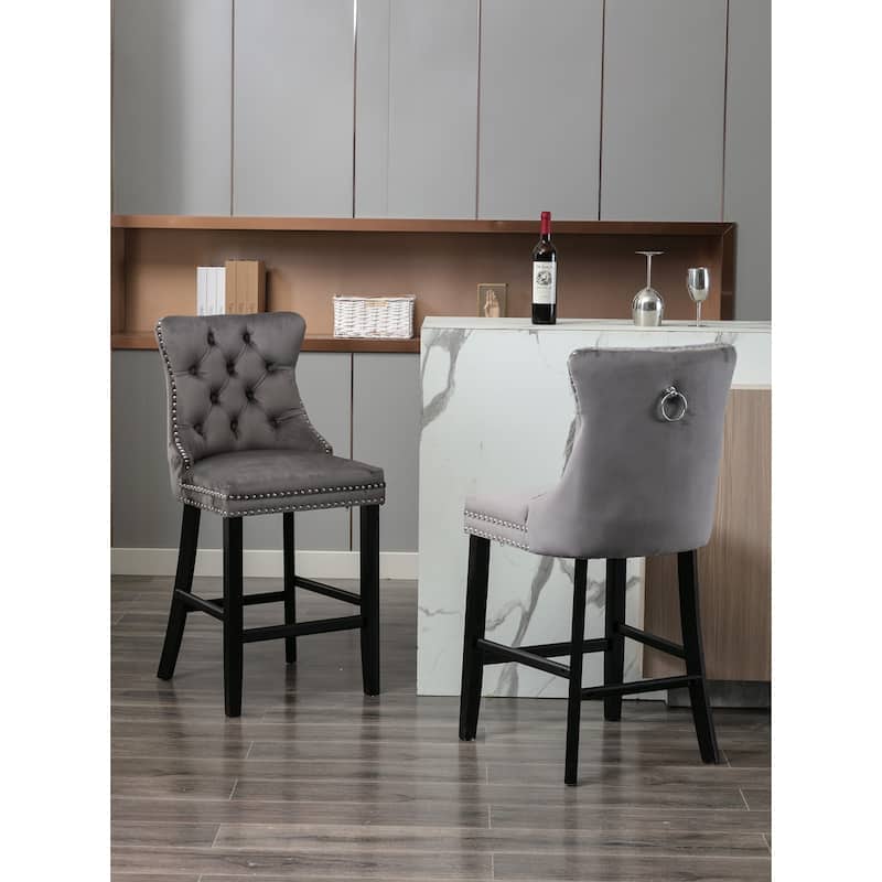 Velvet Bar Chairs Set of 2, Counter Height Bar Stools with Button Decor and Nailhead Trim, Dining Room Chairs with Back