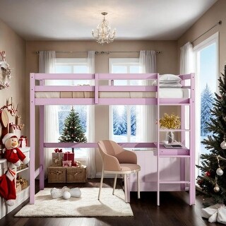 Elegant Twin High Loft Bed, Rubber Wood Loft Bed with Safety Guardrail, Built-in Desk, Ladde