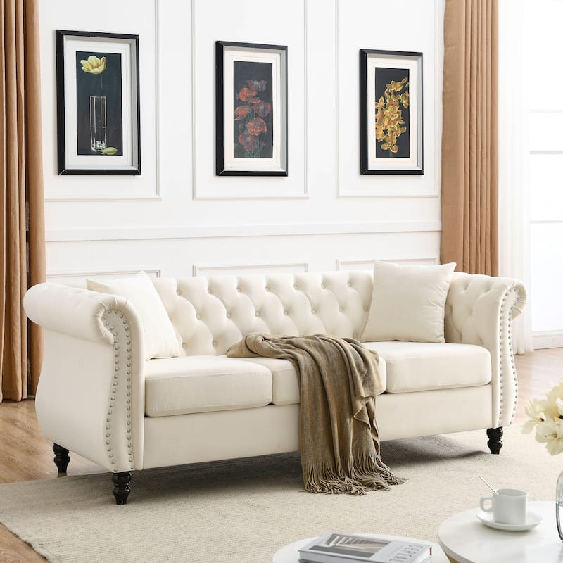Anmytek 80 Inch Beige Velvet Chesterfield Sofa Tufted 3 Seater Couch with Nailhead Trim