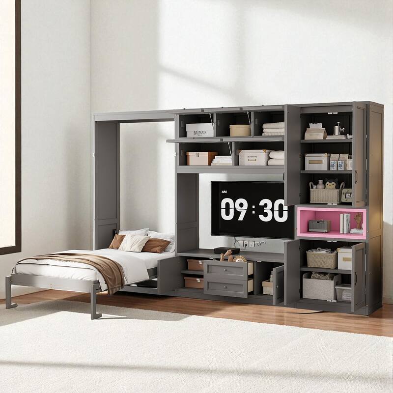 Twin Size Murphy Bed with TV Stand, 2 Storage Drawers, Shelves & Cabinets, Foldable Wooden Bed for Bedroom or Apartment
