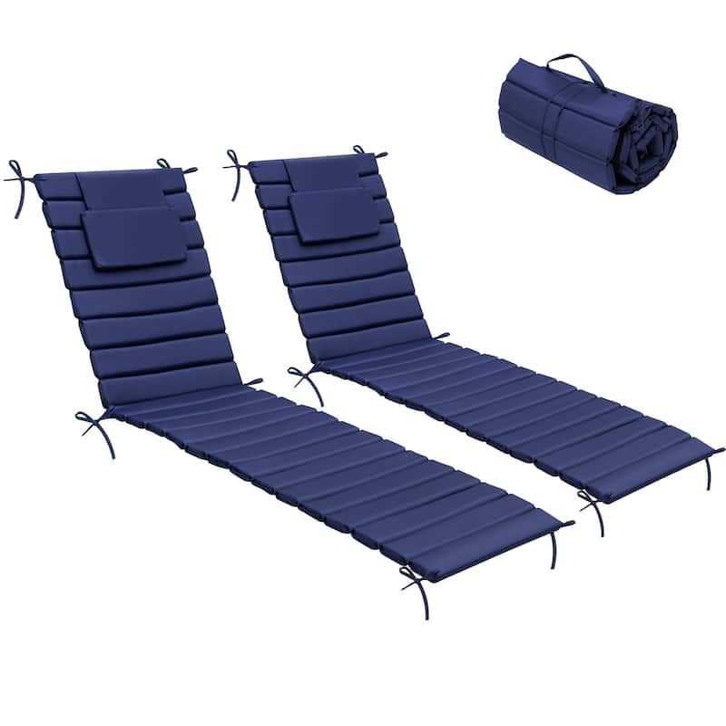 Outdoor Chaise Lounge Cushion, Quilted Patio Sun Lounger Pad with Straps - 2PC - Navy Blue, Fits 78"-82" chaise