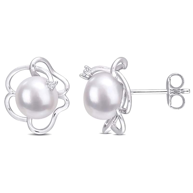 Miadora Sterling Silver Cultured FW Pearl and Created White Sapphire Floral Stud Earrings (7.5-8mm)