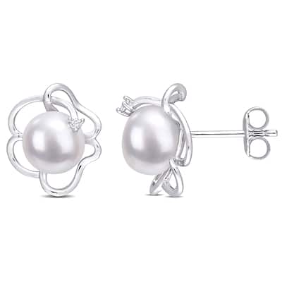 Miadora Sterling Silver Cultured FW Pearl and Created White Sapphire Floral Stud Earrings (7.5-8mm)