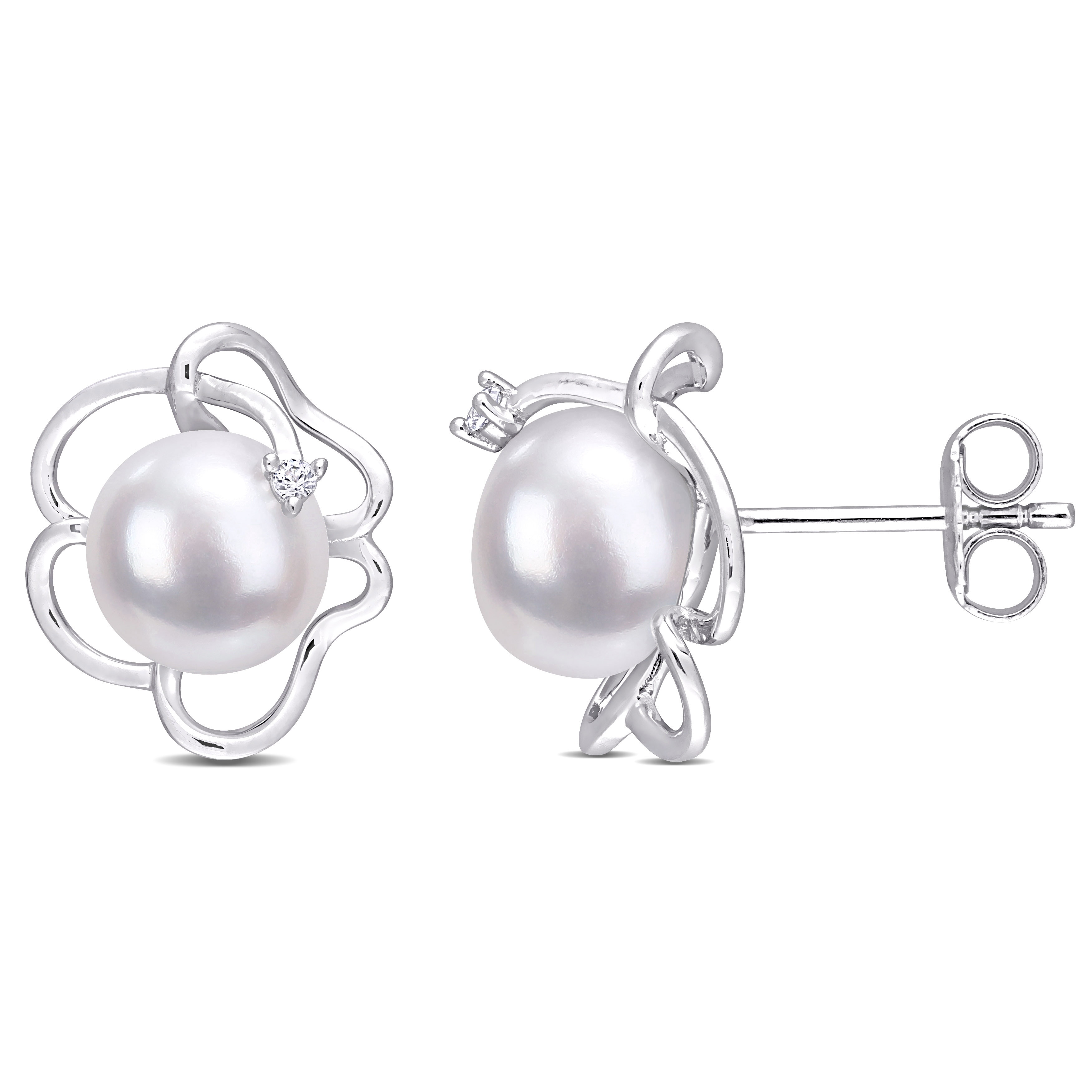 Miadora Sterling Silver Cultured FW Pearl and Created White Sapphire Floral Stud Earrings (7.5-8mm)