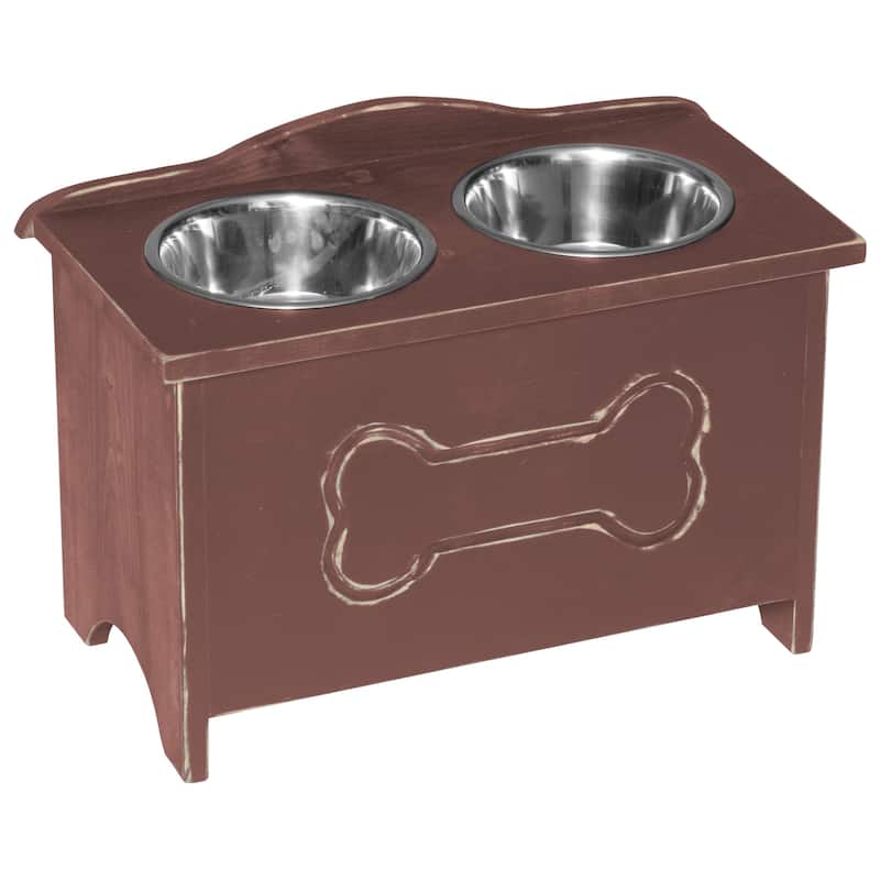 Amish Made Pine Dog Feeder with Storage Chest - Burgundy