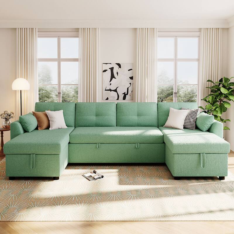 Roomfitters 107 Inch U-Shaped Sectional Sleeper Sofa with Storage Chaise and USB Ports, Teddy Fabric - Green
