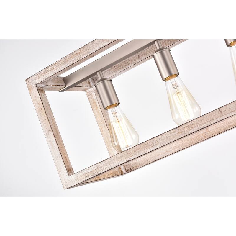 Amara Matte Satin Nickel+Wood Grain 5-Light Metal Open-Cage Linear Chandelier