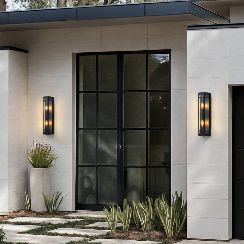 2-Light H20" Modern Black Outdoor Wall Light with Dusk-to-Dawn Sensor Front Door Garage Exterior Lighting Fixture - W6''