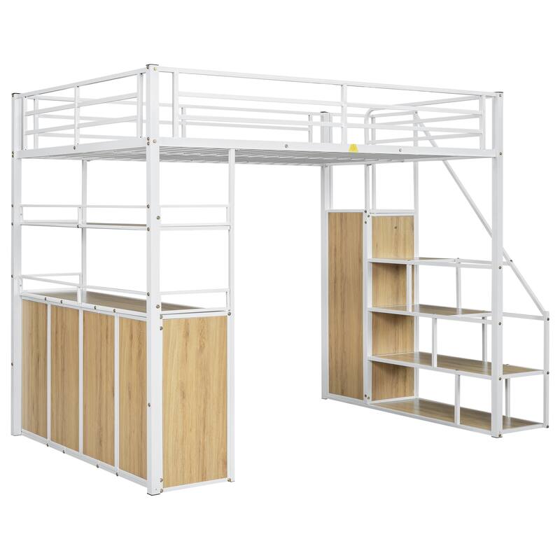 Full Size Metal Loft Bed with Storage Staircase, Wardrobe, Shelves and Lockers