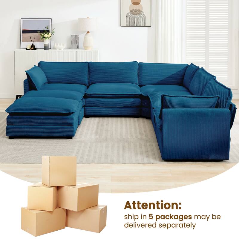 7-Seater Corduroy Sectional Sofa with 2 Removable Ottomans & Corner Seat, Soft & Comfortable - 5 Seats with 2 Ottoman