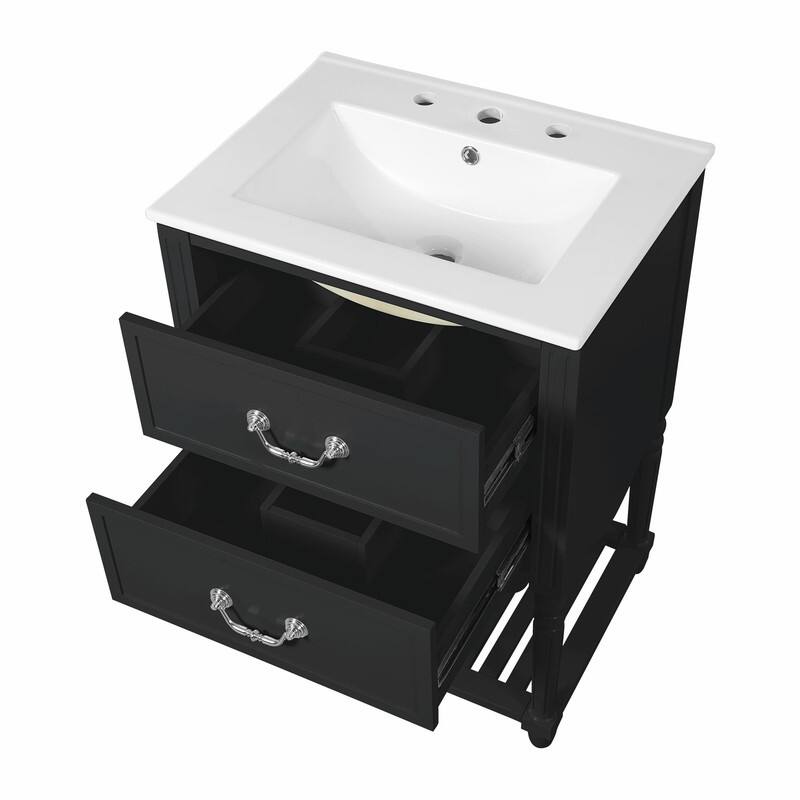 24'' Vintage Bathroom Vanity with Ceramic Sink, Freestanding Cabinet with 2 Drawers, Open Shelf