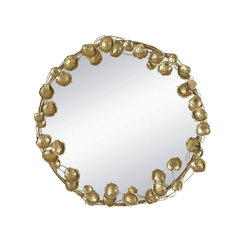 Round Metal Wall Mirror with Golden Leaf Accents