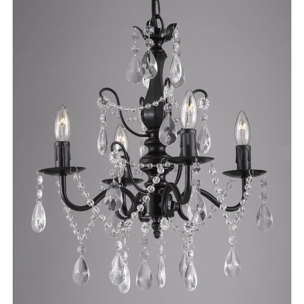 Wrought Iron and Crystal 4 Light Black Chandelier H 14" X W 15" Pendant Fixture Lighting