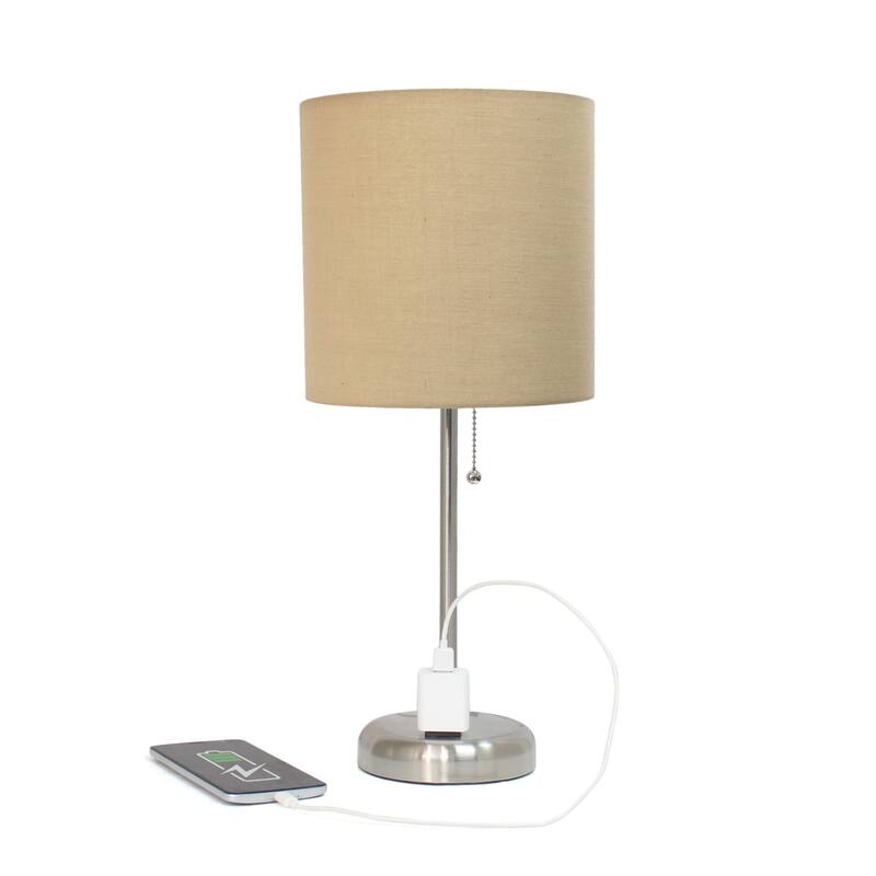 Stick Table Lamps with Drum Shade - 19.5" - Silver and Tan - Set of 2
