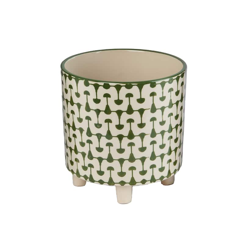 Black & White Round Stoneware Footed Planter - Green