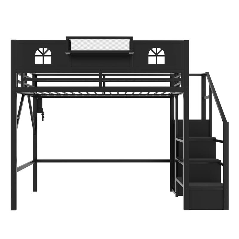 Queen/Full Size Metal Loft Bed with Stairs and House-Shaped Guardrails, High Loft Bed with Built-in Wardrobe