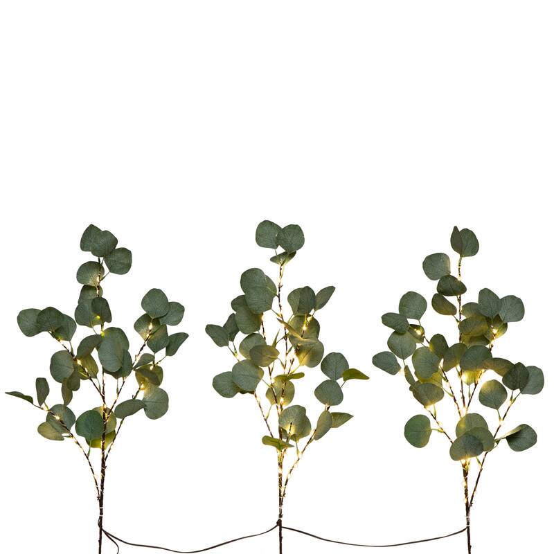 Battery Operated Pre-Lit Eucalyptus Artificial Stem Spray- 2' - Warm White LED Lights - Set of 3