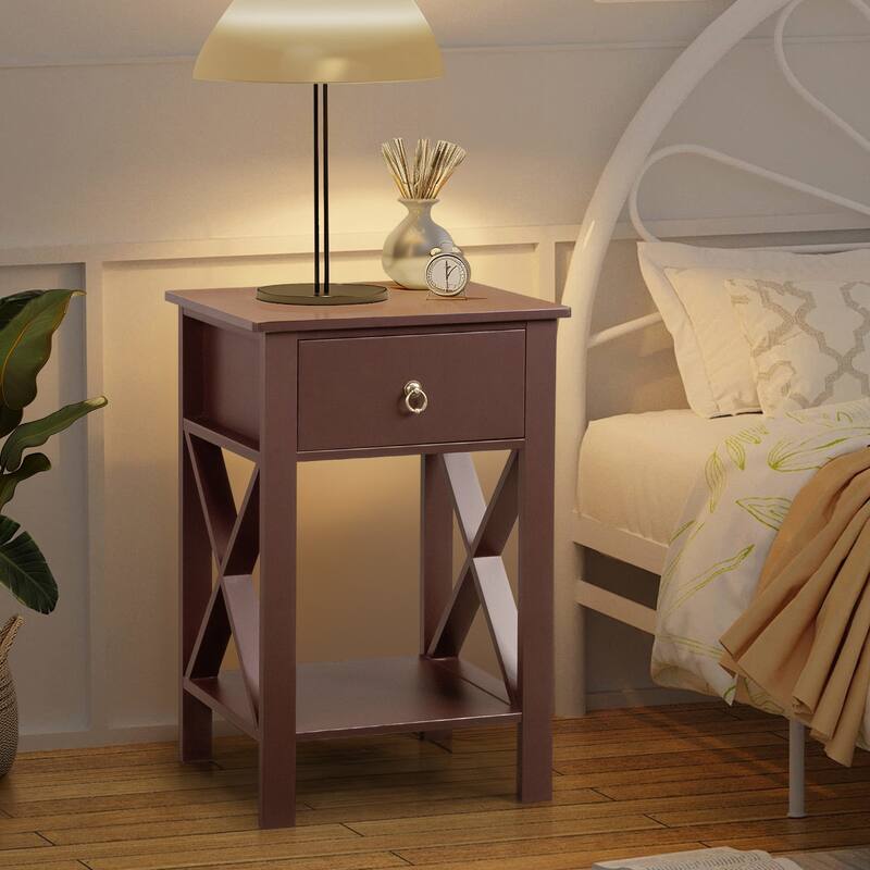 Brown MDF Coffee Side Intersection Tables with 2-Layer Drawers Set of 2 - 15.75 x 11.81 x 23.62 inches (L x W x H)