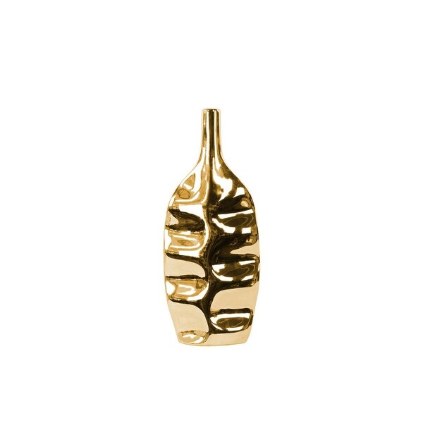 Wrinkled Pattern Elliptical Bottle Vase In Ceramic, Medium, Gold