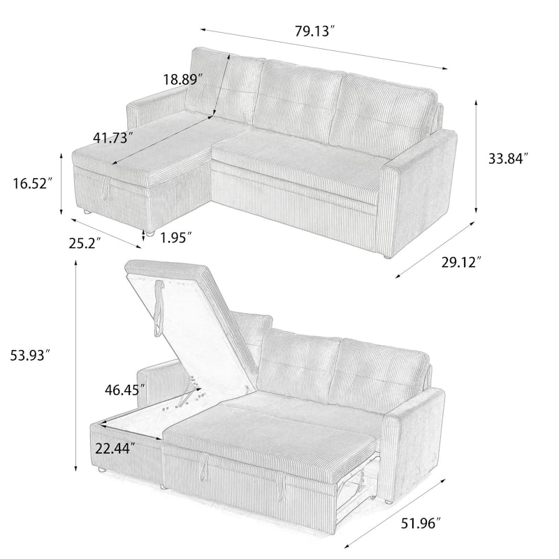 Linen L-Shaped 3-Seat Sofa Convertible Sectional Sofa