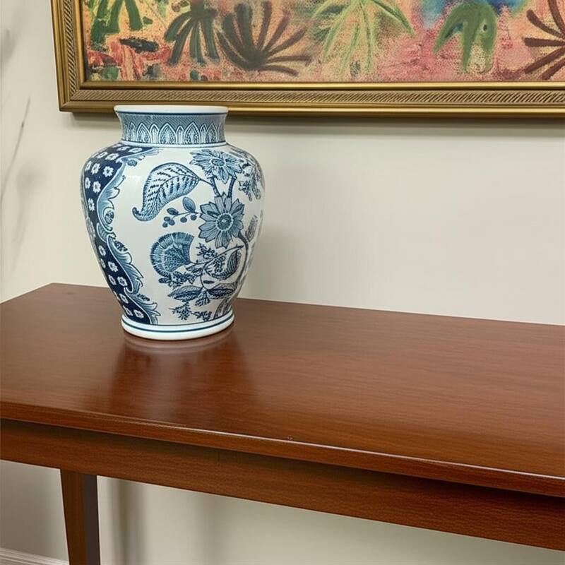 11" Light Blue And White Floral Round Porcelain Jar - 9.10 - Light Blue/White - 9.10