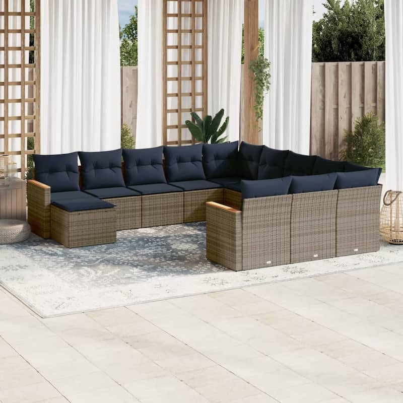 vidaXL 12/13 Piece Patio Sofa Set with Cushions Black/Gray Poly Rattan - 24.4 x 24.4 x 27.2 - Gray Without table