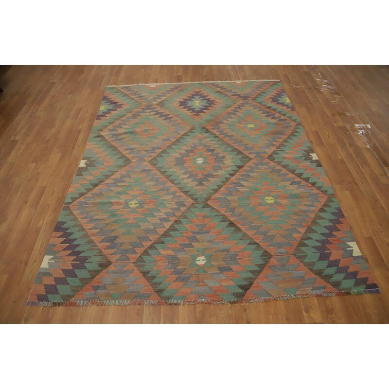 Hand Woven Oriental 100% Wool Carpet Southwestern Tribal Multi-Colored Kilim Area Rug - 7' 2'' X 5' 8''