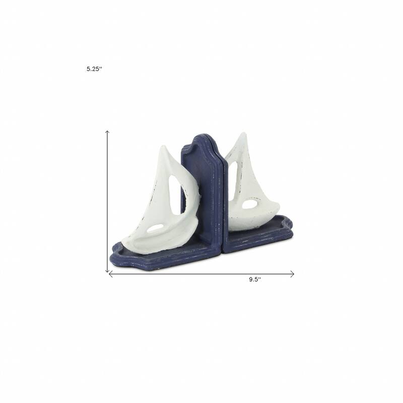 HomeRoots Set of Two 5" Blue And White Cast Iron Sailboat Decorative Bookends - 9.5 x 3.25 x 5.25