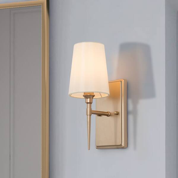 slide 2 of 9, Chiry Mid-Century Modern Gold 1-Light Fabric Shade Bathroom Vanity Light - L 4.5"x W 6.5"x H 12"