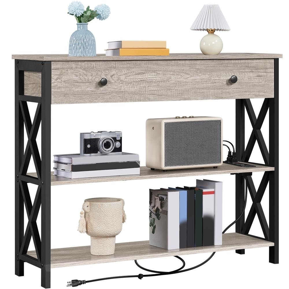 39.5-inch Vintage Gray Console Table with Power Outlet, USB Ports & Drawer for Entryway