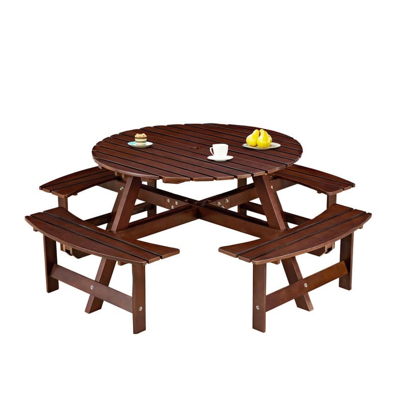 8-Seater Round Outdoor Dining Set With 4 Integrated Benches & Umbrella Hole – Ideal For Garden, Backyard, Porch & Patio .