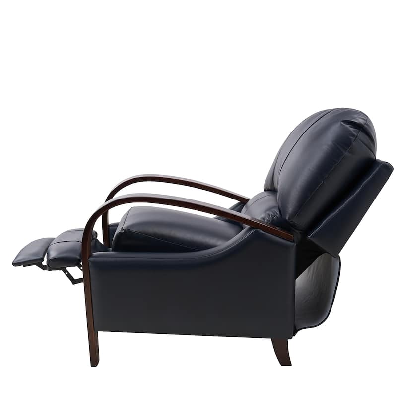 Alex Mid-century Modern Genuine Leather Manual Recliner with Wooden Curved Arms