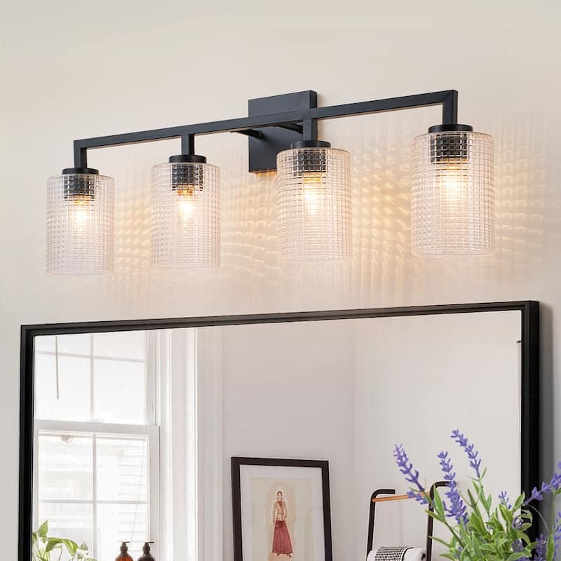 3/4-Light Modern Black Wall Sconce Bathroom Vanity Light with Grid Glass Shades - 30.7" W x 11.02" H