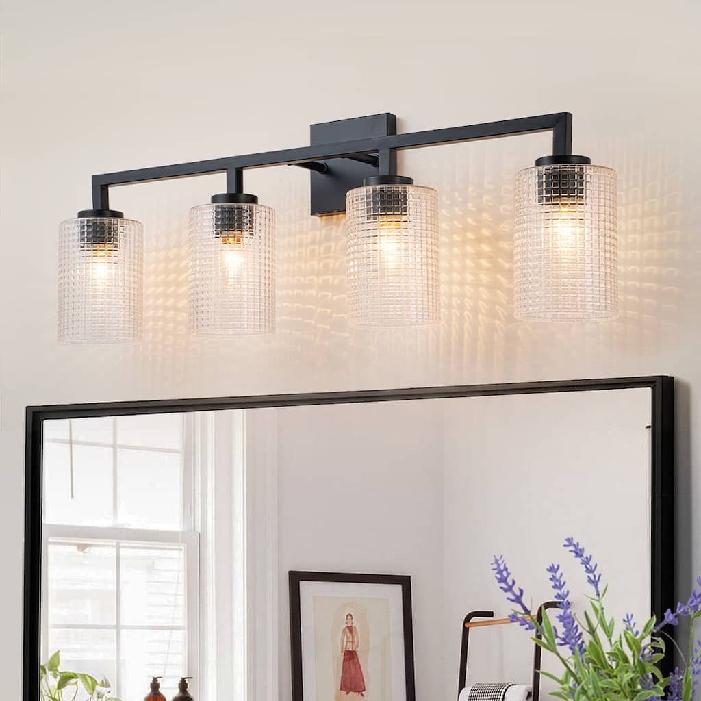 3/4-Light Modern Black Wall Sconce Bathroom Vanity Light with Grid Glass Shades