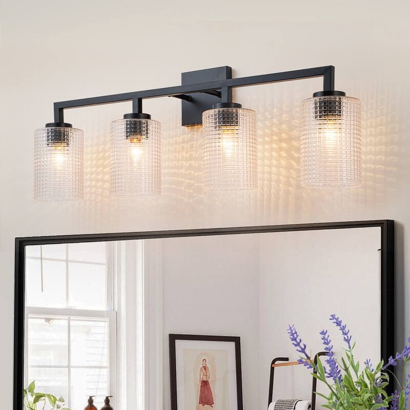 3/4-Light Modern Glass Wall Sconce Bathroom Vanity Light with Grid Glass Shades