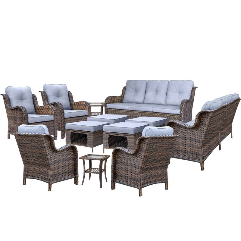 Brown Wicker Outdoor Patio Furniture Sofa Set with Denim Blue Cushions